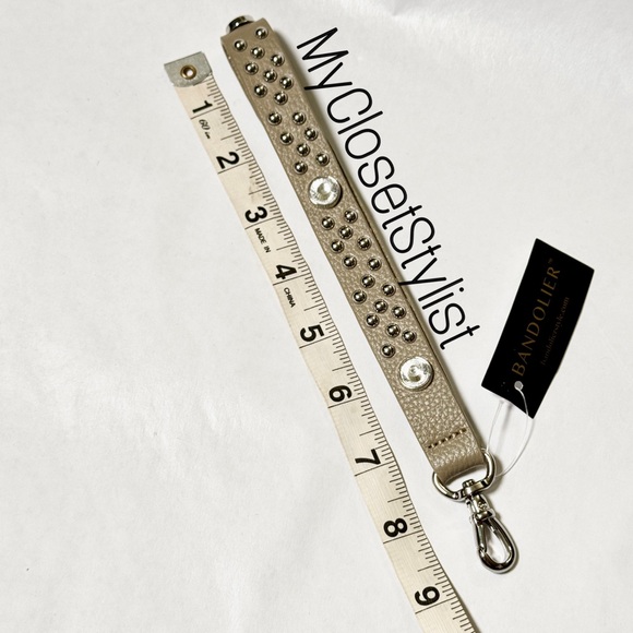 NWT BANDOLIER Crystal Studded Statement Wrist Strap NEW! silver greige leather - Picture 6 of 6